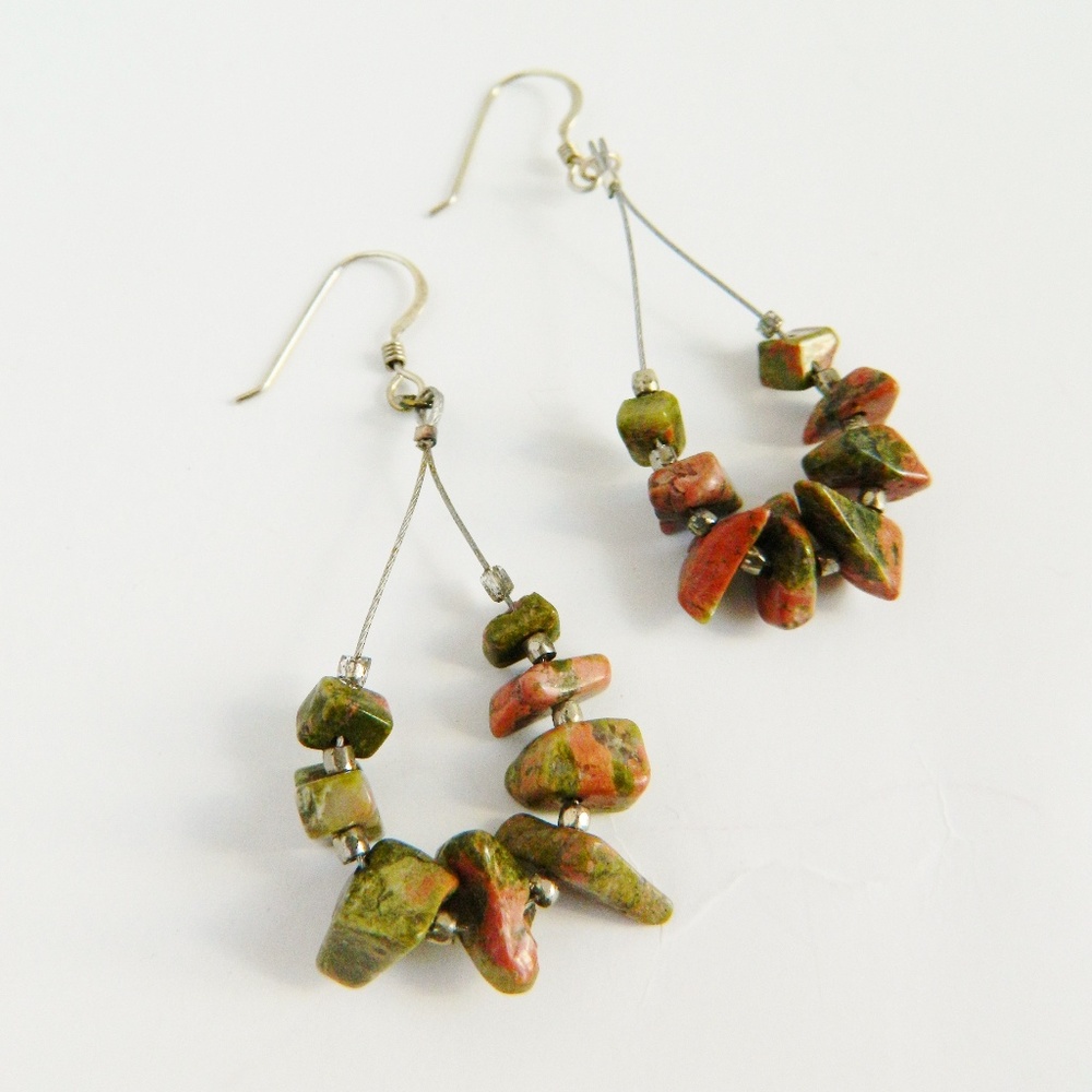 Unakite Sterling Silver & Steel Cable Earrings